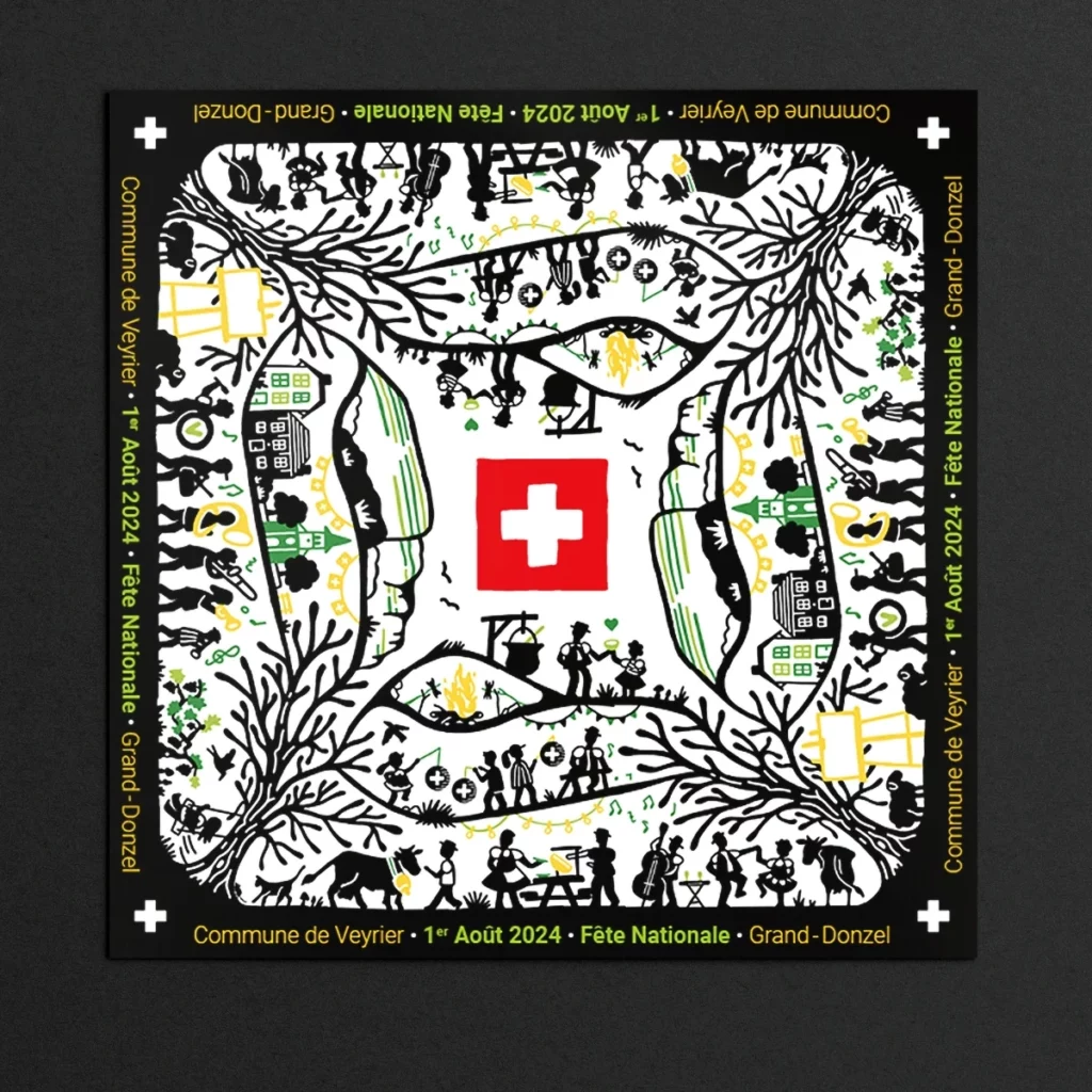 flyer carré de la commune du veyrier avec drapeau suisse et graphisme inspiré des poyas