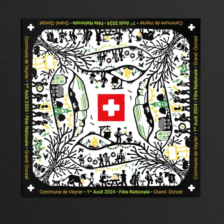 flyer carré de la commune du veyrier avec drapeau suisse et graphisme inspiré des poyas